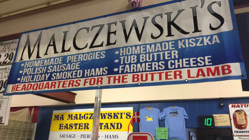 A sign displaying Malczewski's, the name of a popular butter lamb maker.