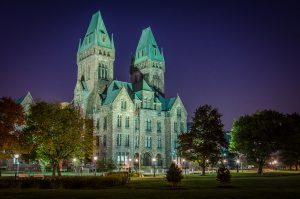 Lights illuminate the Richard Olmsted Campus along the metro number 20 bus route in Buffalo.