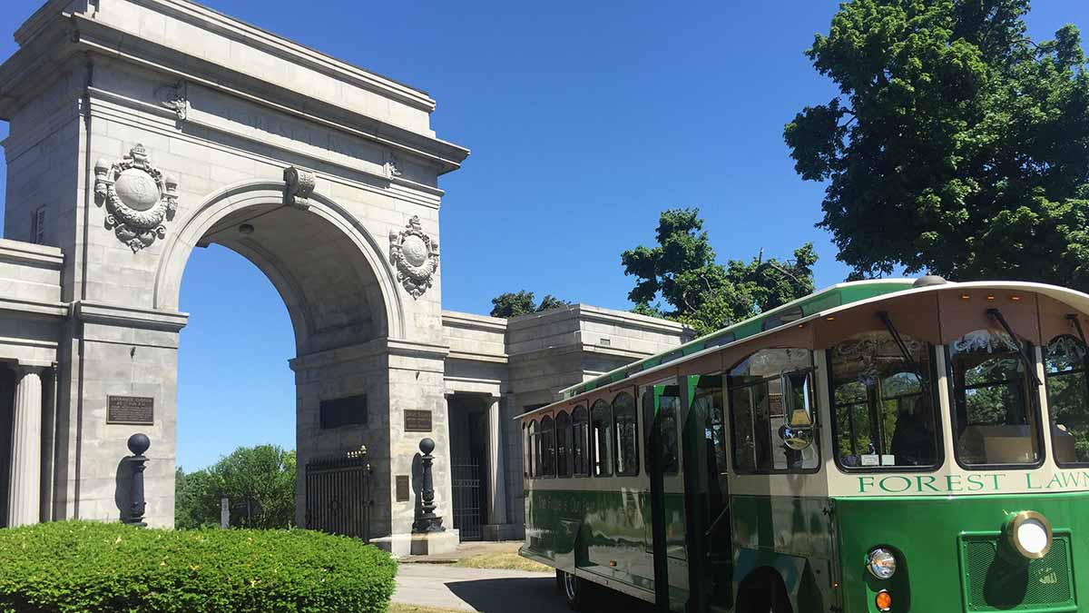 The grand entrance and visitor trolley