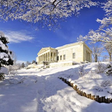 Historical building in a winter landscape