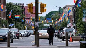 Pride flags adorn Allen Street, one of Buffalo's most popular bus stops for metro bus 20.