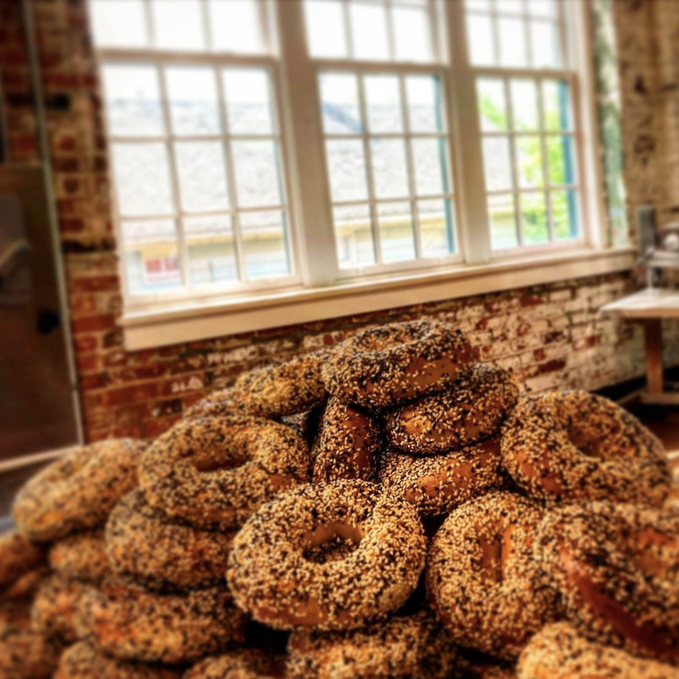 A pile of bagels from Logan's Bagels in Buffalo, NY