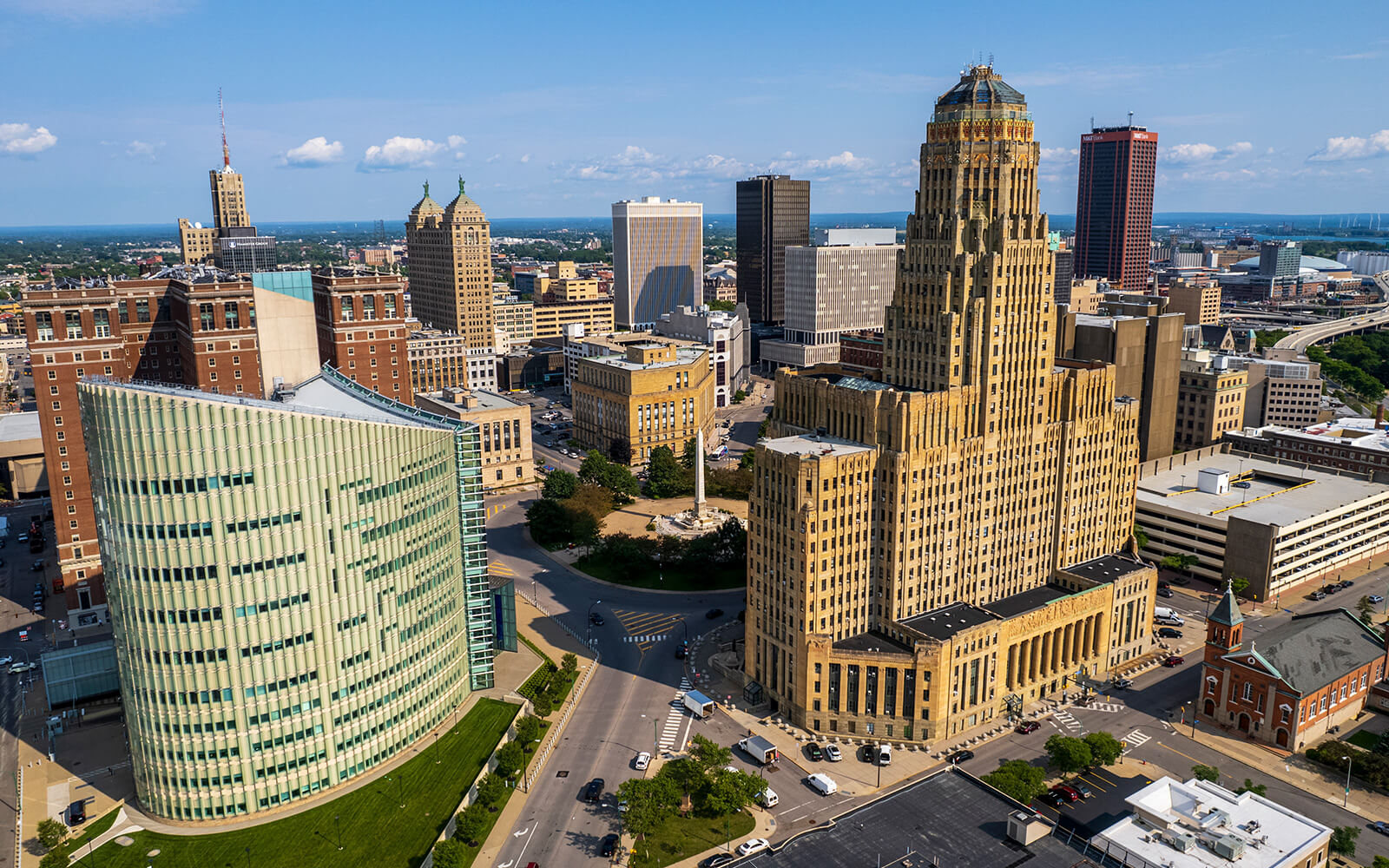 An aerial shot of downtown Buffalo with Buffalo City Hall in the center