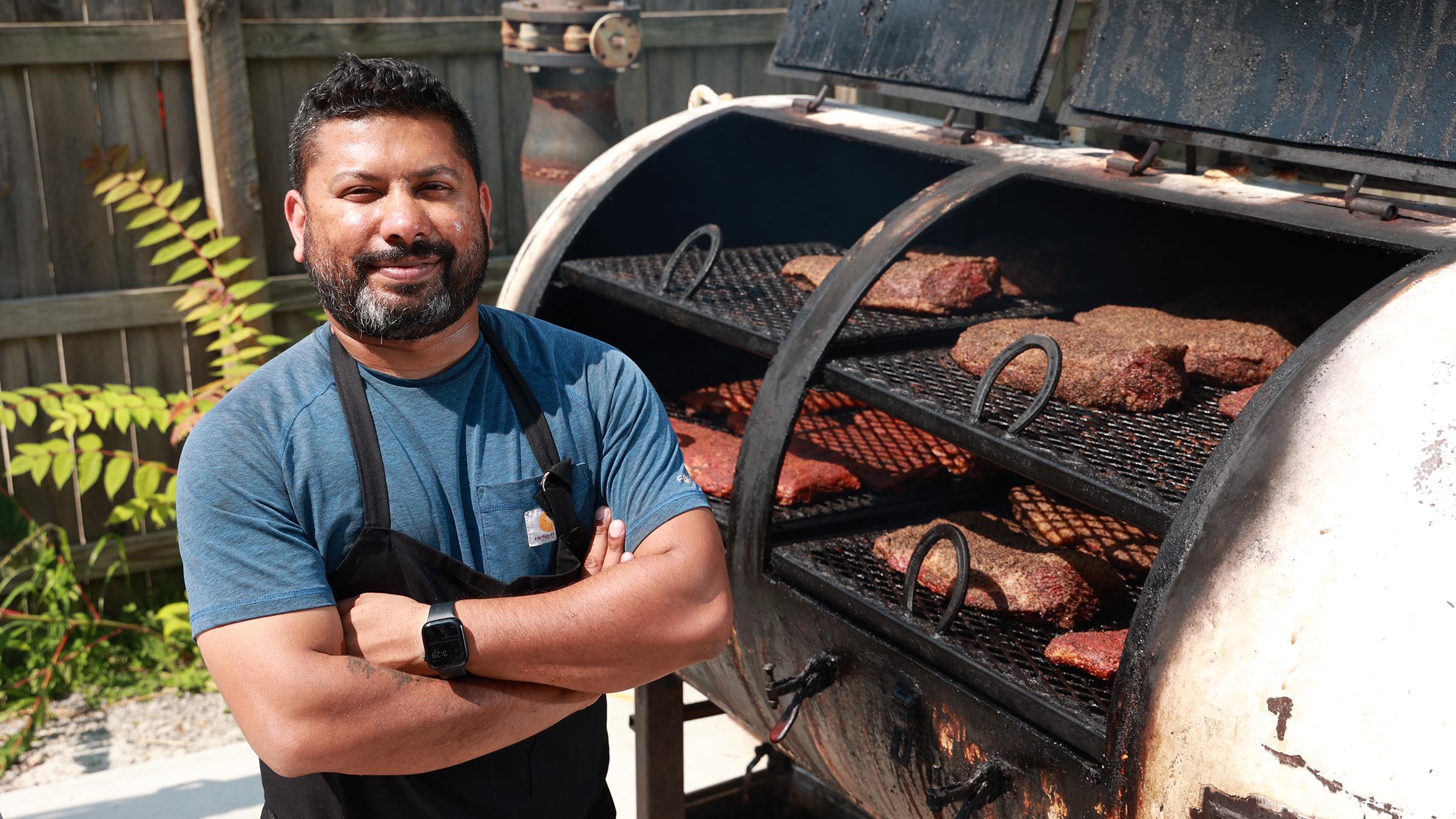 Ryan Fernandez is the owner of Southern Junction which just opened its new location at 365 Connecticut St. in Buffalo. Born and raised in Texas, he brings his southern flair of barbecue. The star of the show is the smoker which he uses to cook all of their meats. Photo taken Thursday Aug. 3, 2023. Photo by Sharon Cantillon.